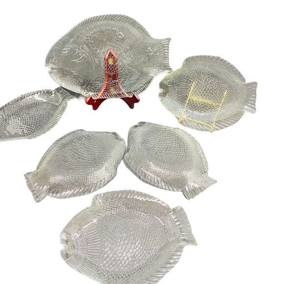 Fish Plates and Serving Platter Set of 6 Pasabahce Turkish Glass Marine Nautical - Picture 3 of 12